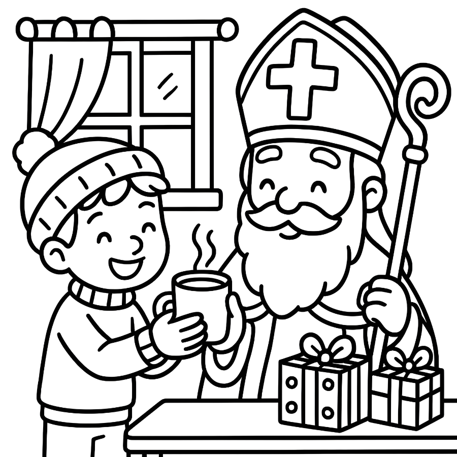 Sinterklaas bij het raam kleurplaat - sfeervolle winterscène