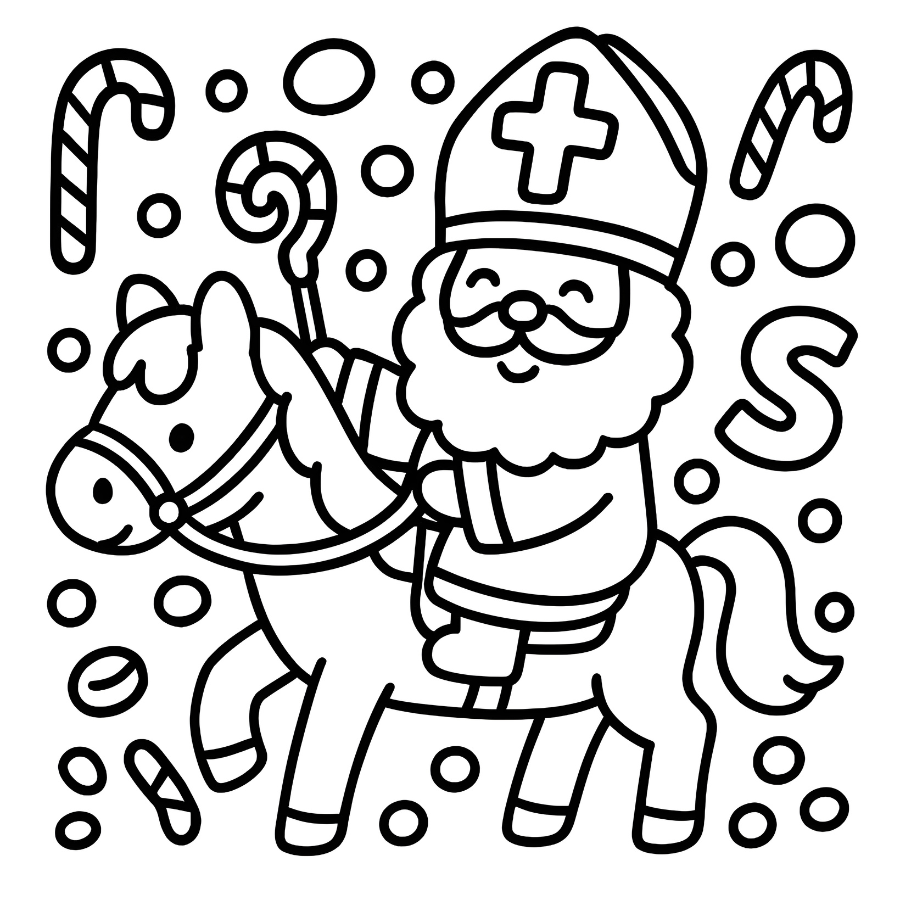 Sinterklaas op paard kleurplaat - klassieke Sinterklaas afbeelding