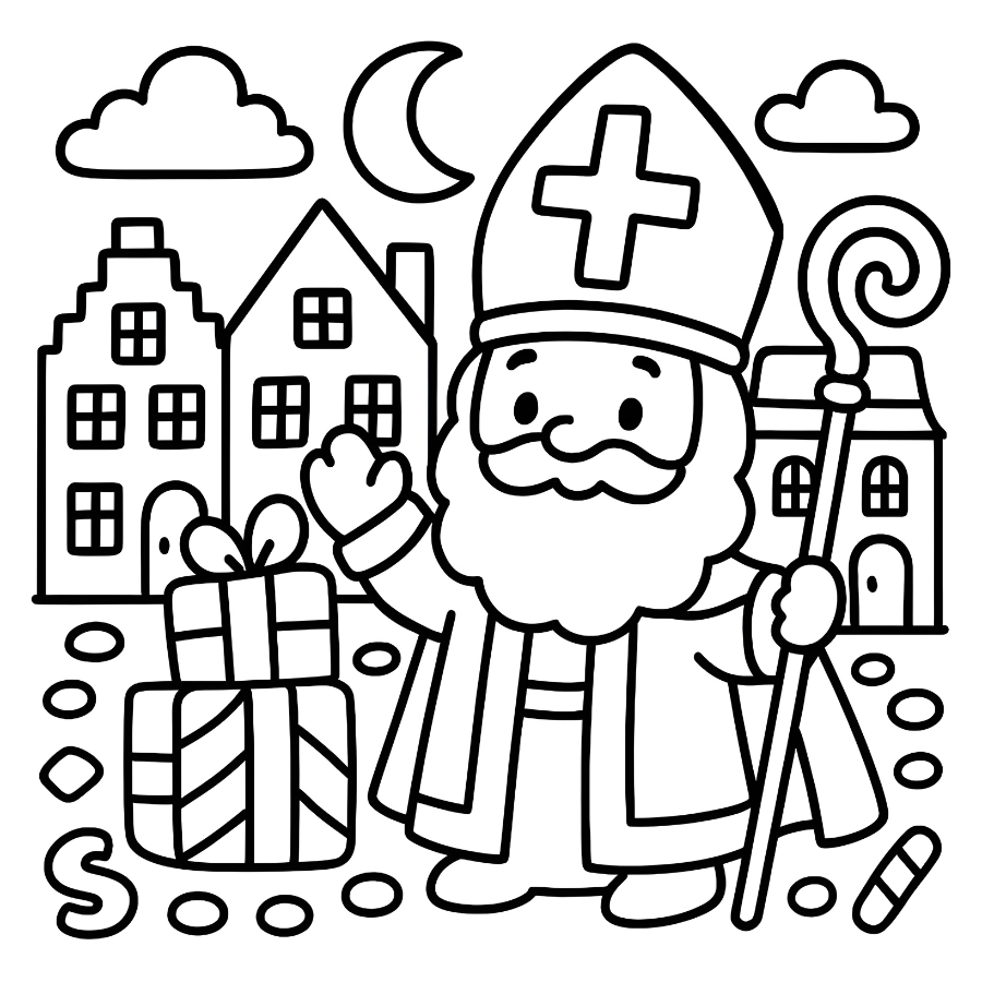 Sinterklaas met cadeaus kleurplaat - vrolijke illustratie voor jong en oud